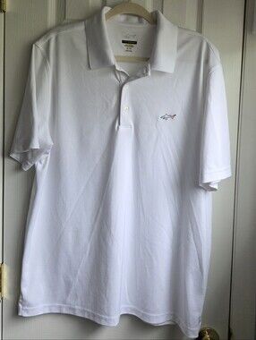 Greg Norman Collection White Polo with Small Multicolor Shark Logo